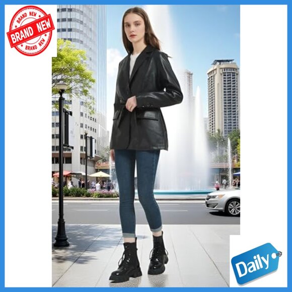 Faux Leather Blazer Jacket with Removable Belt, Long Sleeve, Regular Fit - Picture 6 of 7